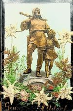 6460 Altdorf UR AK mit gepresstem Edelweiß Tell Denkmal Girlande aus echten Blumen