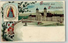 8840 Einsiedeln Lithographie Gnaden Mutter Kloster Fahnen Religion Gruss