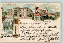 5000 Aarau 1900 Lithographie Städt. Schulhaus Kirchentreppe Gerechtigkeitsbrunnen