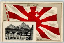 6430 Schwyz 1908 Prägedruck Fahne Wappen Lithographie