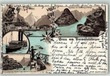 6440 Vierwaldstättersee 1892 - Flüelen Vogelschau Seelisberg Frohnalp Dampfer Tellskapelle Hotel Tellplatten Verlag Schlumpf Vorläufer