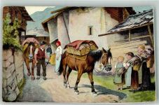 sign. von Tobler Bauern im Dorf Motiv Schweiz Lithographie / Künstlerkarte