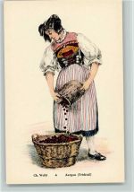 Frau aus Aargau Fricktal mit einem Korb voll Kirschen - sign Welti - Verlag Orell Füssli Tracht Schweiz