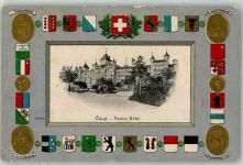 1824 Caux Prägedruck Palace Hotel Wappen Telldenkmal St. Jakob-Denkmal Winkelrieddenkmal Nationaldenkmal Genf Passepartout Lithographie