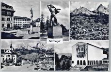 6430 Schwyz Gebrauchsspuren Hauptplatz, Brunnen, Mythen, Rathaus, Kirche, Bundesbrief-Archiv