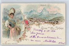 6430 Schwyz Lithographie / Künstlerkarte Tracht