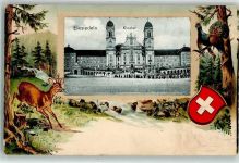8840 Einsiedeln 1908 Prägedruck Kloster Wappen Rehbock Auerhahn Passepartout Lithographie