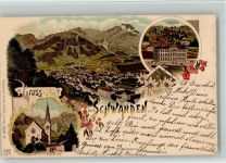 8762 Schwanden GL 1909 BOAKC Lithographie Schulhaus Kath. Kirche Verlag Künzli Nr 817