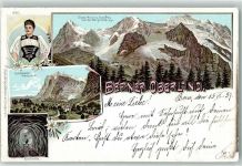 3818 Grindelwald 1897 Lithographie Tracht Eiger Mönch u. Jungfrau von der Wengenalp aus Wetterhorn Eis Grotte