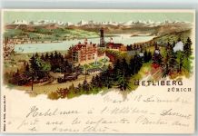 8143 Uetliberg Gebrauchsspuren Bahn Aussichtsturm Springbrunnen Fahne Berge See Lithographie