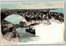 9400 Rorschach 1898 Lithographie Hafen Seitenraddampfer Eisenbahn