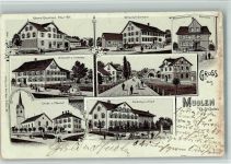 9313 Muolen 1904 BOAKC Lithographie Käserei Rieserhaus Gasthaus Germann Möbelschreinerei Edelmann Gasthaus Zum Hirschen Kirche Pfarrhof Handlung J. J. Fisch