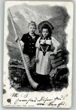 Zwei Schweizer Kinder in Tracht Alphorn 1904 Gebrauchsspuren