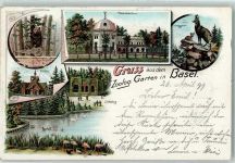 Basel Bâle Zoolog. Garten Elefantenhaus Gämse Braunbär Hirschhaus Eulenburg Flamingos Zoo 1899 Lithographie