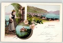 1820 Montreux 1900 Lithographie Tracht Schloss Kirche