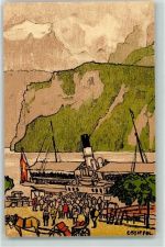 6440 Brunnen Künstlerkarte Landungssteg Seitenraddanpfer sign.E.Stiefel