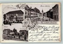 8213 Neunkirch 1907 BOAKC Lithographie Gasthaus Bahnhof Eisenbahn Gebrauchsspuren, bitte Scan genau beachten!