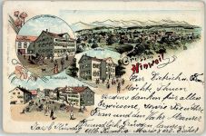 8340 Hinwil 1905 Lithographie Gasthaus zum Hirschn Schulhaus Hirschenplatz