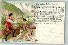 Nr. 8 Liederkarte , der lustige Schweizerbue , Alphorn , Ziege Suchard Schokolade 1902 Lithographie