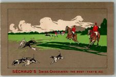 Jagd mit Jagdhunde Rotröcke Suchard Schokolade 1900 Lithographie / Künstlerkarte