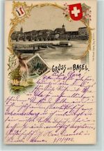 Basel Bâle Gruss aus - Verlag Carl künzli Nr. 2409 Wappen, Nymphe, Seerosen, Künzli Lithographie