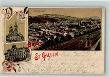St. Gallen S. Gallo Nr. 318 - Gruss aus - Unionbank, Stiftskirche, vue generale Künzli 1902 Lithographie