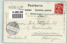 3800 Interlaken 1900 Lithographie sign. Steinmann, C. Alpenglühen Bahnpost Zug 95