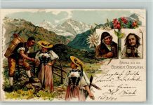 Nr. 4022, Gruss aus - Litho - Küher - Trachten aus dem Berner Oberland , Künzli 1899 Gebrauchsspuren