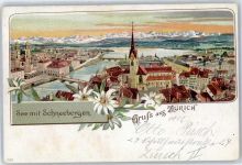 8000 Zürich 1900 Lithographie See mit Schneebergen Kirche