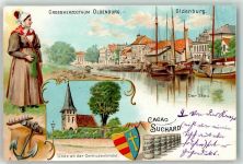 W2900 Oldenburg Tracht Anker Linde an der Gertrudenkirche Der Stau Suchard Schokolade Lithographie