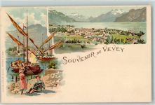 1800 Vevey Lithographie Segelboot