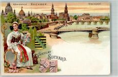 O8000 Dresden Nr. 4 Sachsen Tracht Brücke Suchard Schokolade 1899 Lithographie / Künstlerkarte