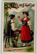 Junges Paar in Tracht mit Pfeife und Wein Poesie / Liebe Tracht Schweiz 1912 Künstlerkarte