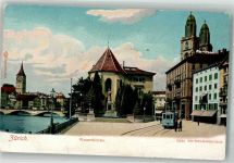 8000 Zürich Foto AK Wasser- Kirche Denkmal Straßenbahn