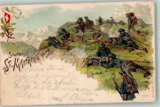 St. Moritz Uniform Soldaten im Gefecht Militär Schweiz 1900 Lithographie