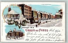 2300 La Chaux-de-Fonds 1900 Winterlithographie Synagoge Kirche Rue Leipold Robert Glimmerauflage