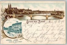 4000 Basel Bâle 1898 Lithographie Hotel Jura Großmünster Rheinbrücken