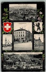 9100 Herisau 1910 Foto AK Postamt Kirche Gemeindehaus Wappen