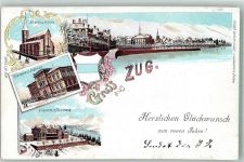 6300 Zug Zugo 1901 Winterlithographie Glimmerauflage Kirche St. Oswald Regierungsgebäude Kuranstalt
