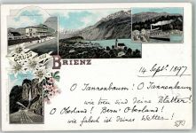 3855 Brienz BE 1897 Gebrauchsspuren Hotel auf dem Rothorn Bergbahn Hafen Lithographie