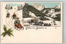 1833 Les Avants Winterlithographie Hotel des Avants Schlitten