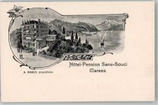 1815 Clarens 1907 Lithographie Hotel Pension Sans-Souci Bahnpost Zug 1128 Nr. 2