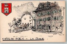 1660 Château-d´Oex Lithographie / Künstlerkarte la Place Wappen Geschäft sign. Toly, P.