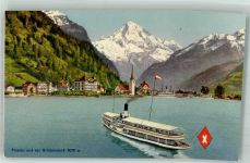 6454 Flüelen Foto AK Dampfschiff mit Bristenstock