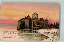 Chillon Chateau 1902 Winterlithographie Schloss