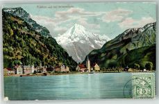 6454 Flüelen 1906 Foto AK Kirche Birkenstock Marke bildseitig