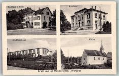 9543 St. Margarethen TG Mörikon Foto AK Fabrik Schifflistickerei Gasthaus z. Krone Kirche Schulhaus