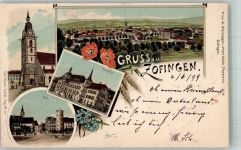 4800 Zofingen 1899 Lithographie Postamt Rathaus Kirche