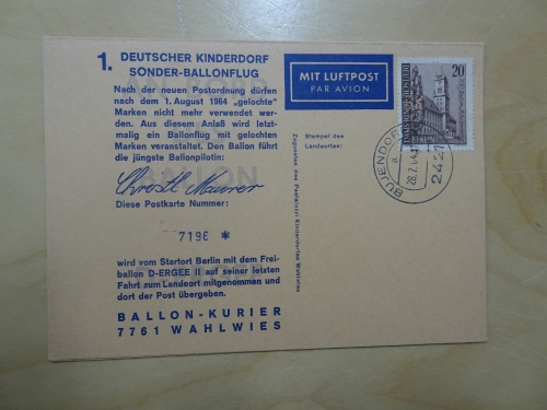 Bund 1. Deutscher Kinderdorf Sonder-Ballonflug ohne Adresse