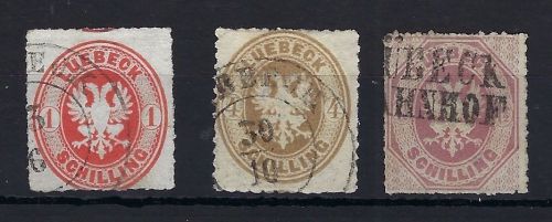 C) Lübeck Mi 9,12,14 je °, 9 + 12 Brettl BPP / Pfenninger, ME 440€